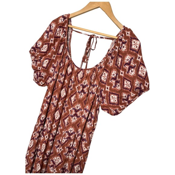 Knox Rose Midi Floral Tiered Boho Scoop Neck Short Puff Sleeves Tie Rust XXL - Picture 3 of 13